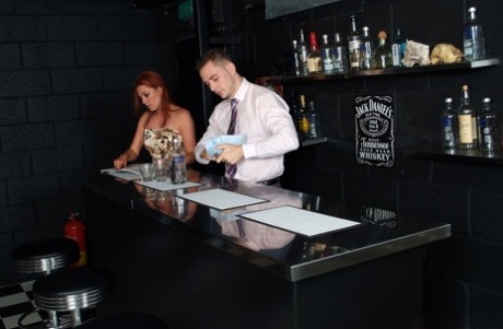 British women give a bartender the CFNM handjob treatment