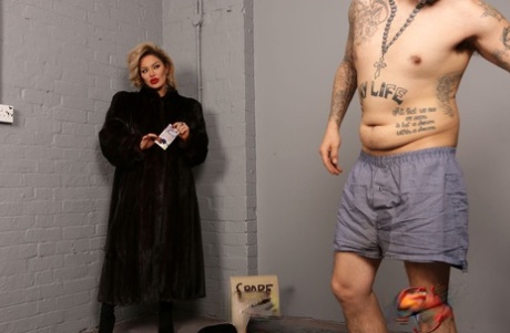 Hot UK blonde Harli May watches a homeless guy jerk off for some money