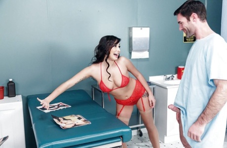 Brunette nurse Karlee Grey helps sperm donor shoot cumshot on face