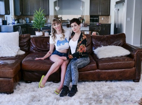 Cock lovers Angel Youngs and Olive Glass unveil their big tits before a 3some
