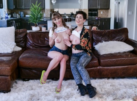 Cock lovers Angel Youngs and Olive Glass unveil their big tits before a 3some