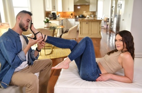Babe Katrina Colt gives a superb footjob and gets her trimmed pussy fucked