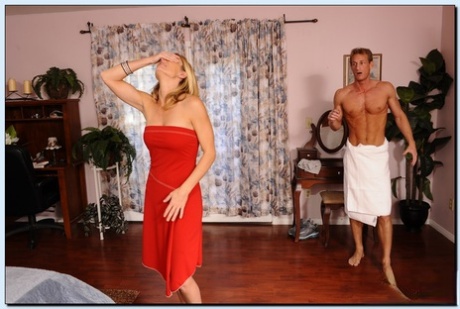 Horny mom in a red dress Brenda James sucks and fucks her son's best buddy